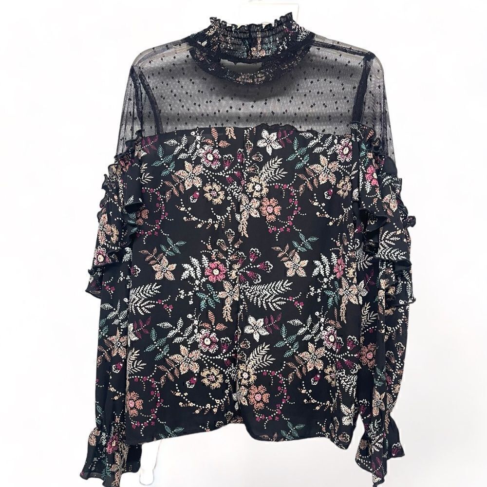 Naturalizer, Black Floral Mesh Smock Neck Flutter Cuff